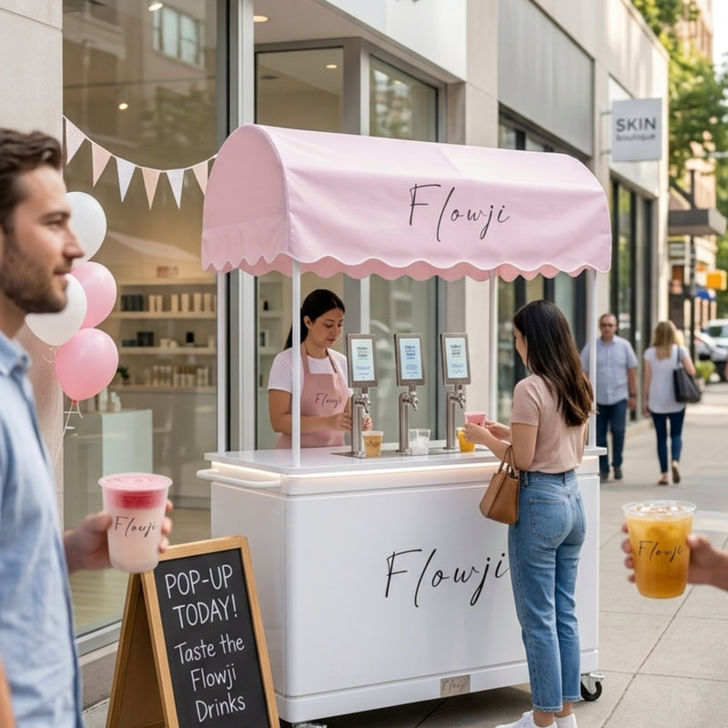 An outdoor "Flowji" pop-up drink cart on a sunny city sidewalk. The white mobile cart features a pink scalloped awning branded with "Flowji," three beverage dispensing taps with individual touchscreen interfaces, and a server in a pink apron preparing a beverage. A customer stands at the counter picking up a drink, while a chalkboard sign in the foreground reads "POP-UP TODAY! Taste the Flowji Drinks." Other people walk by in the background, and out-of-focus hands hold up Flowji drinks in the immediate fore