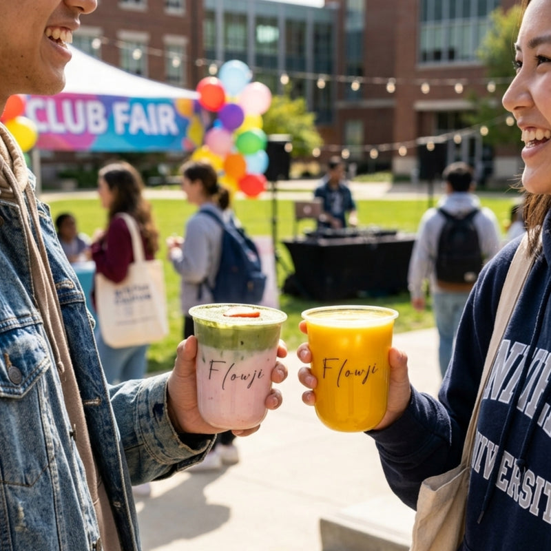 Two smiling college students holding up clear plastic cups of "Flowji" drinks at a sunny outdoor university event. The student on the left, wearing a denim jacket, holds a layered pink and green matcha-strawberry drink topped with a strawberry slice. The student on the right, wearing a navy university hoodie, holds a vibrant orange-yellow mango drink. The blurred background features a "Club Fair" banner, colorful balloons, a DJ setup, and other students walking on a grassy campus quad.