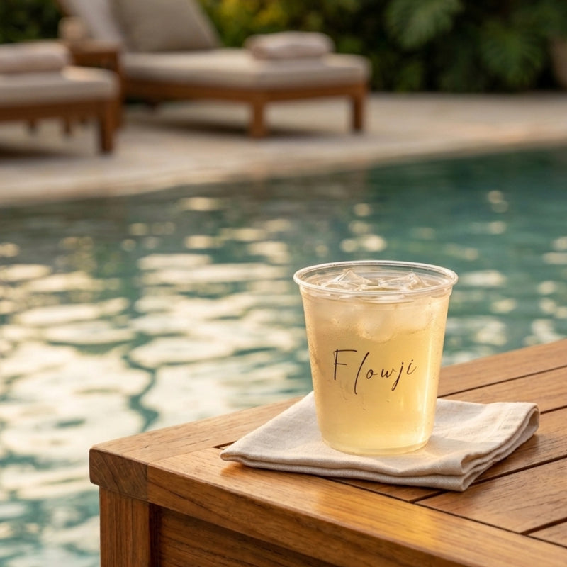 A Flowji beverage served poolside at a luxury hotel, perfect for hospitality events and resort catering.