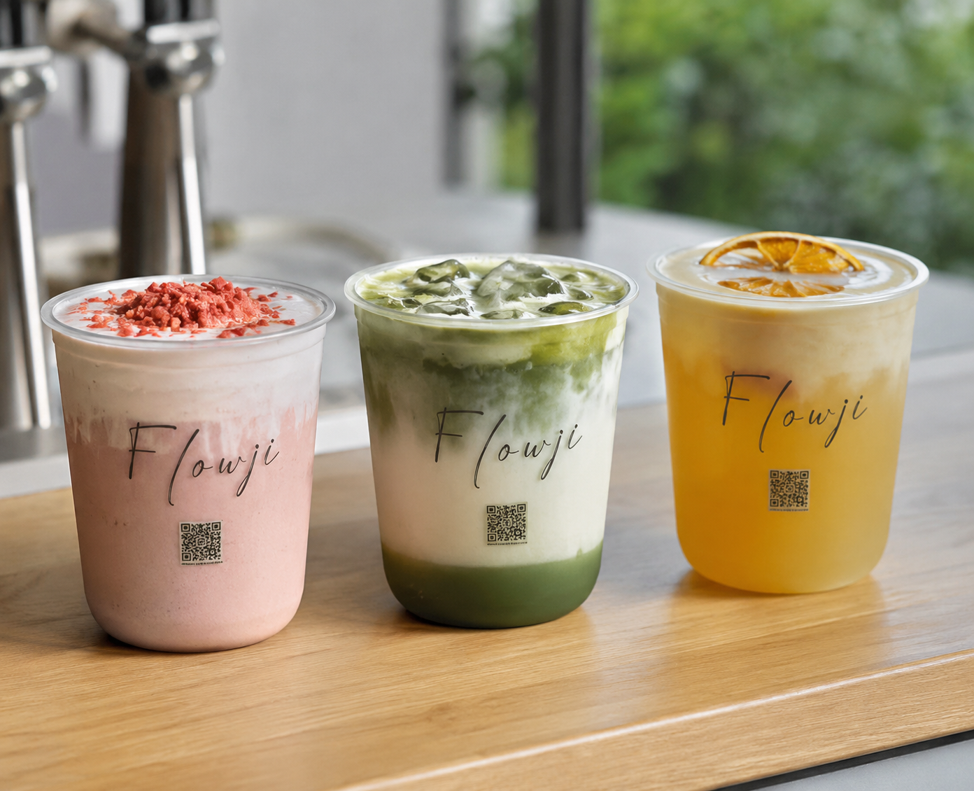 Three iced drinks in clear plastic cups with QR codes