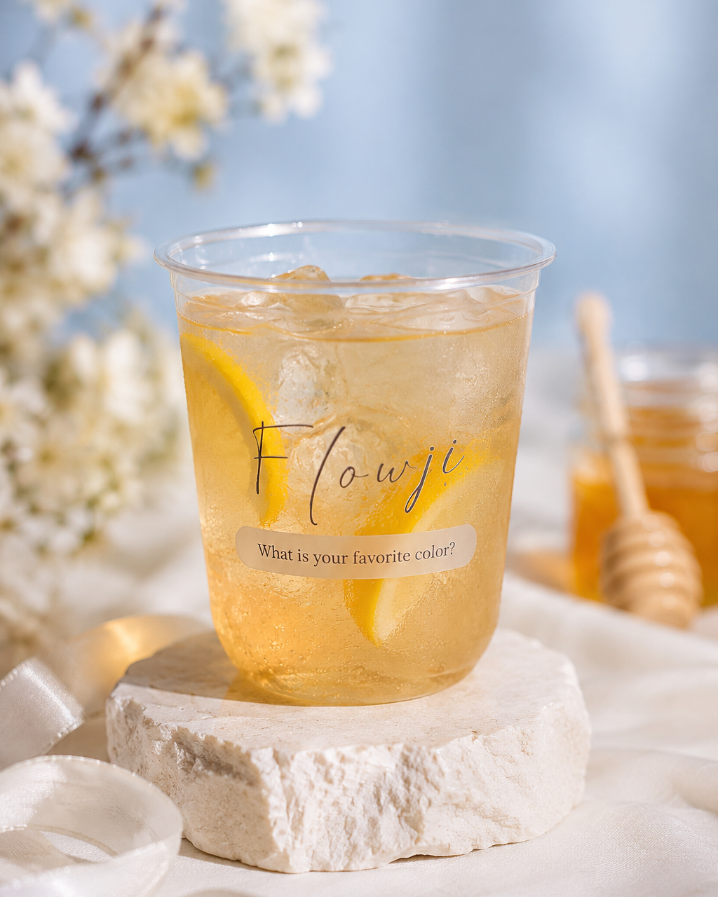 Flowji lemonade with label contaning a question